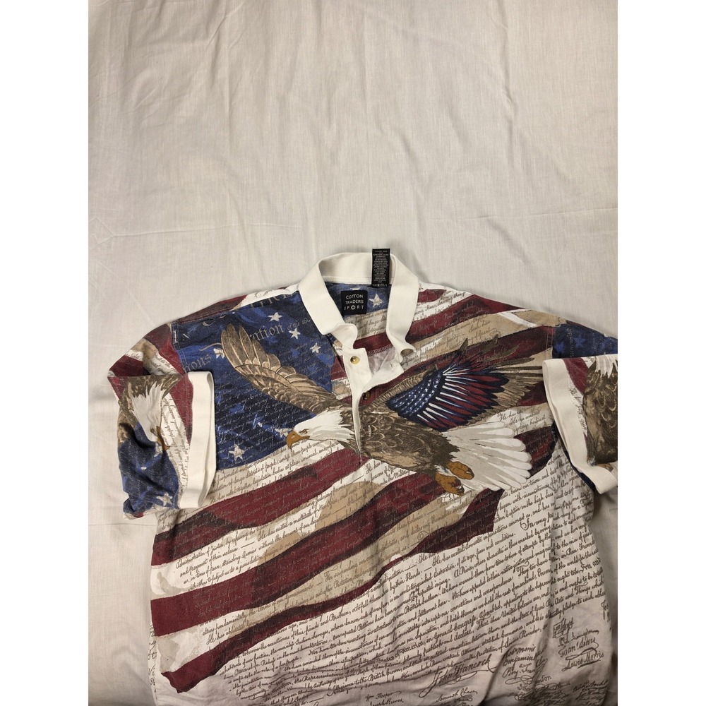 Cotton Traders Sport Mens XL Patriotic Eagle Flag USA Graphic Polo Shirt